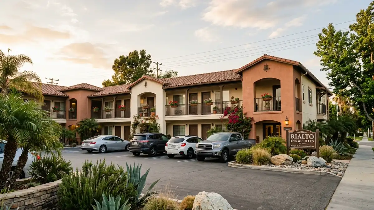 Hotels and accommodation options near mapped restrooms in Rialto, California