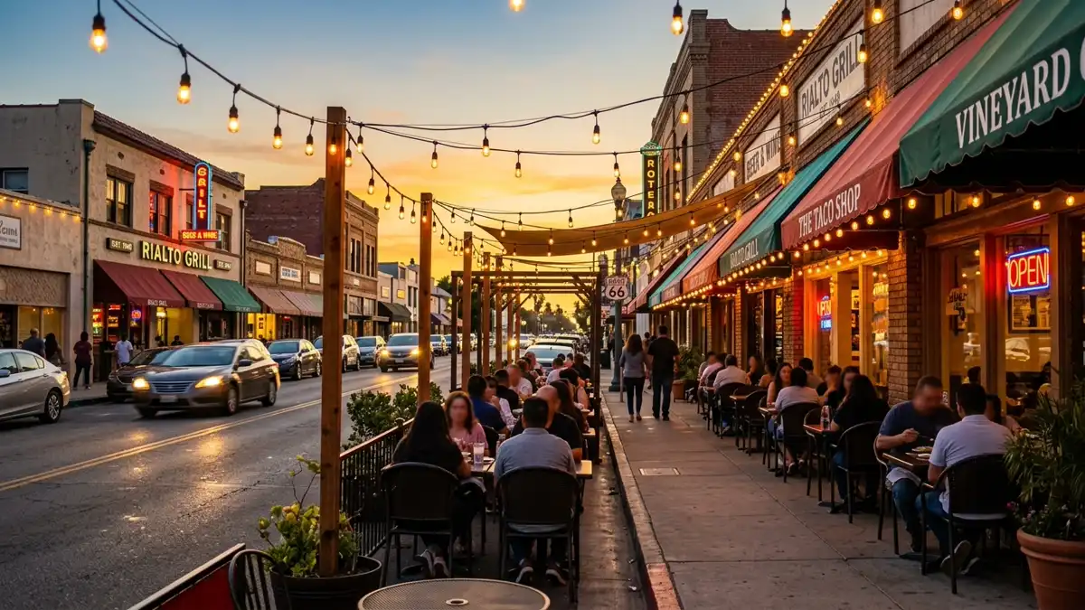 Restaurant district in Rialto, California with nearby public restroom facilities