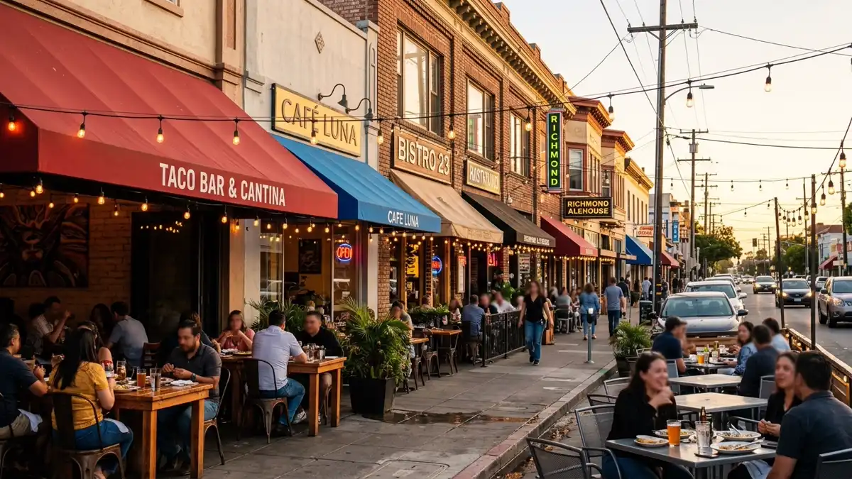Restaurant district in Richmond, California with nearby public restroom facilities