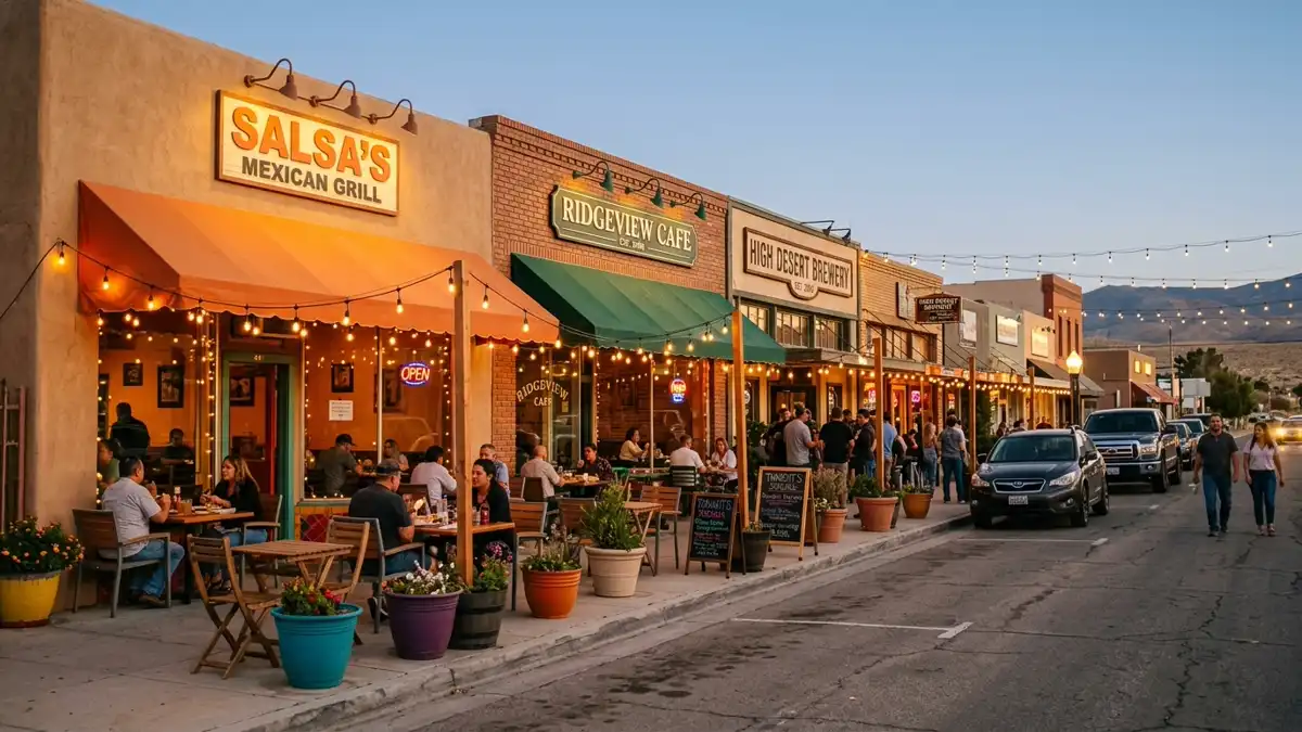 Restaurant district in Ridgecrest, California with nearby public restroom facilities