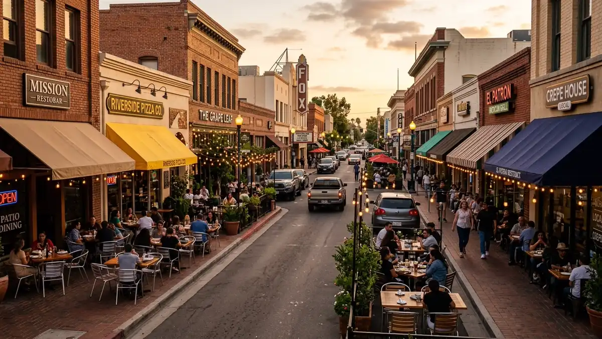 Restaurant district in Riverside County, California with nearby public restroom facilities