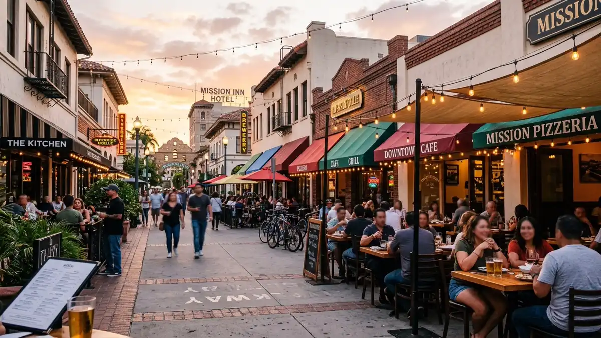 Restaurant district in Riverside, California with nearby public restroom facilities