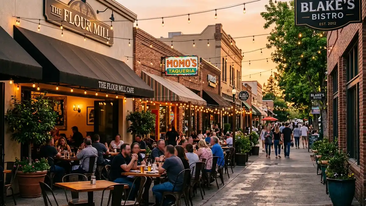 Restaurant district in Rocklin, California with nearby public restroom facilities
