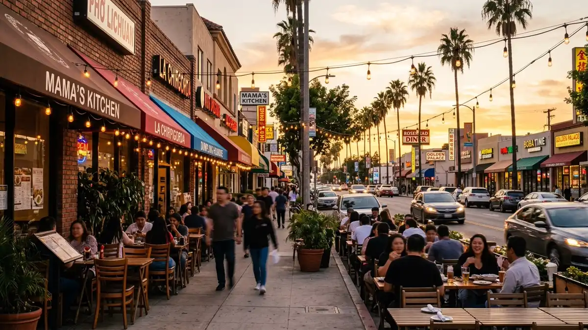 Restaurant district in Rosemead, California with nearby public restroom facilities