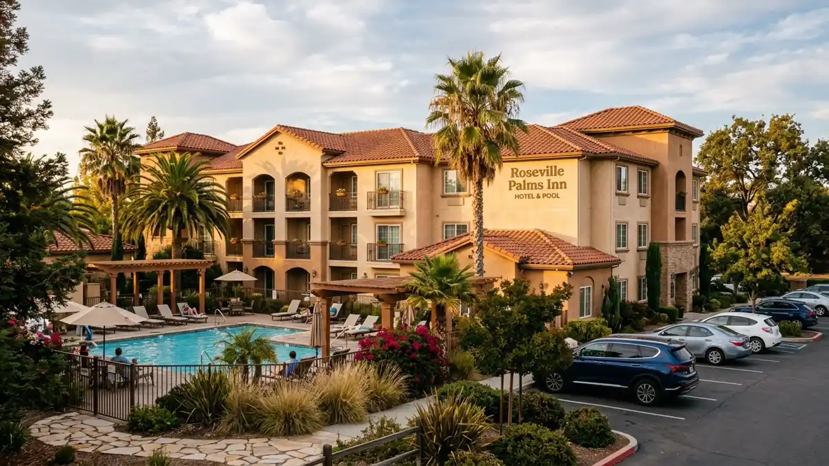 Hotels and accommodation options near mapped restrooms in Roseville, California
