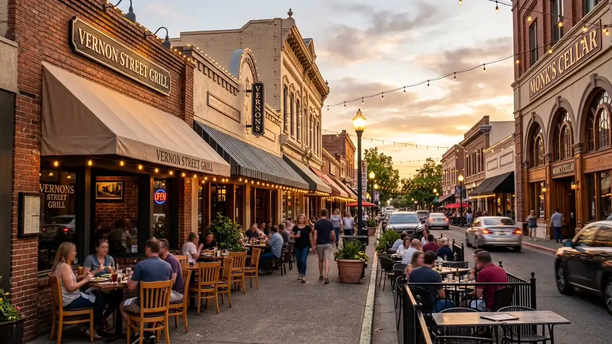 Restaurant district in Roseville, California with nearby public restroom facilities
