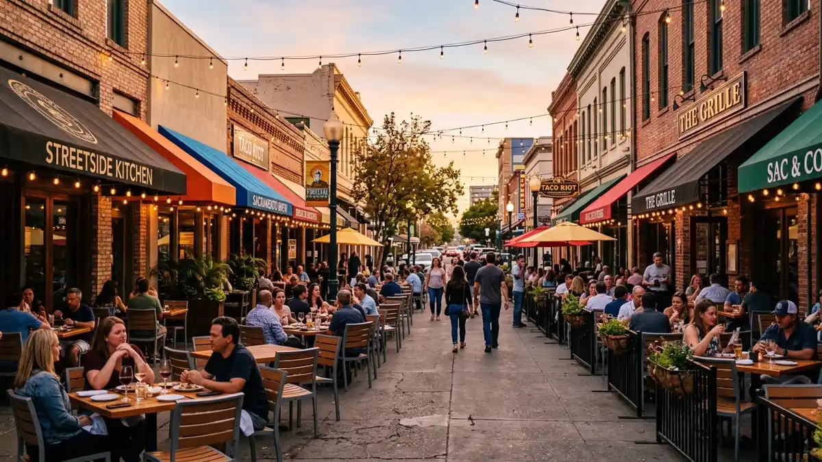 Restaurant district in Sacramento County, California with nearby public restroom facilities