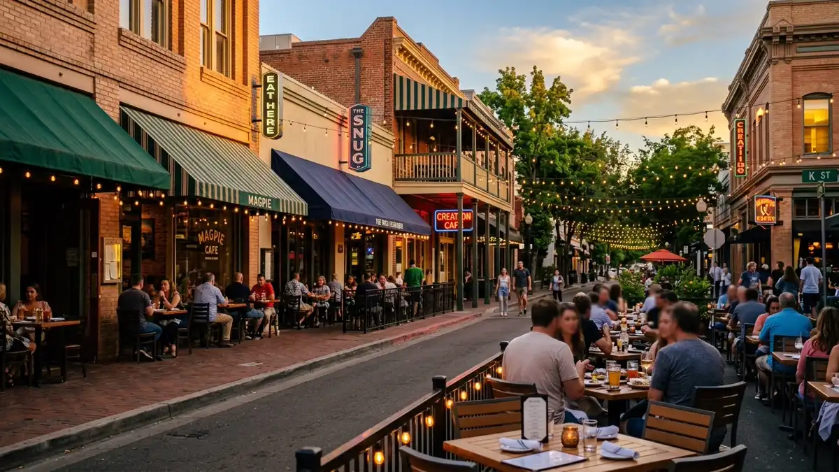 Restaurant district in Sacramento, California with nearby public restroom facilities