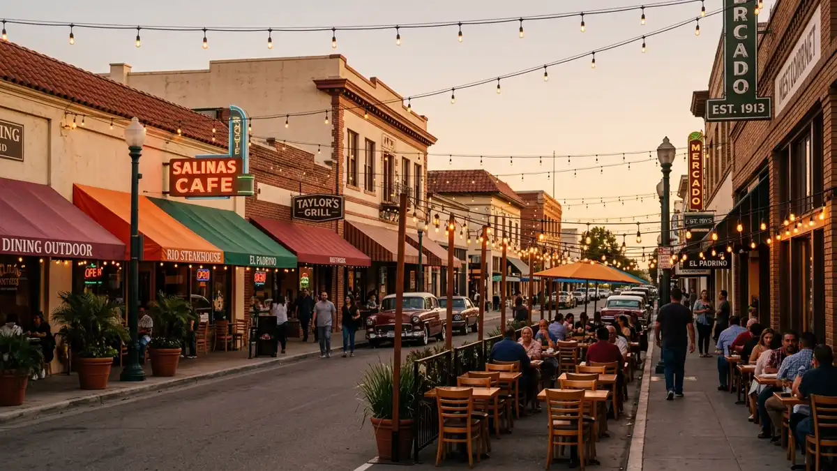 Restaurant district in Salinas, California with nearby public restroom facilities