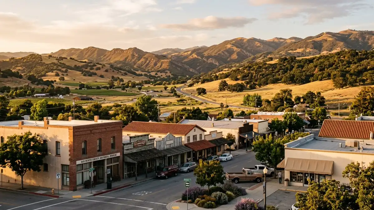 Public restroom locations mapped in San Benito County, California — 76 facilities across zip codes 95045
