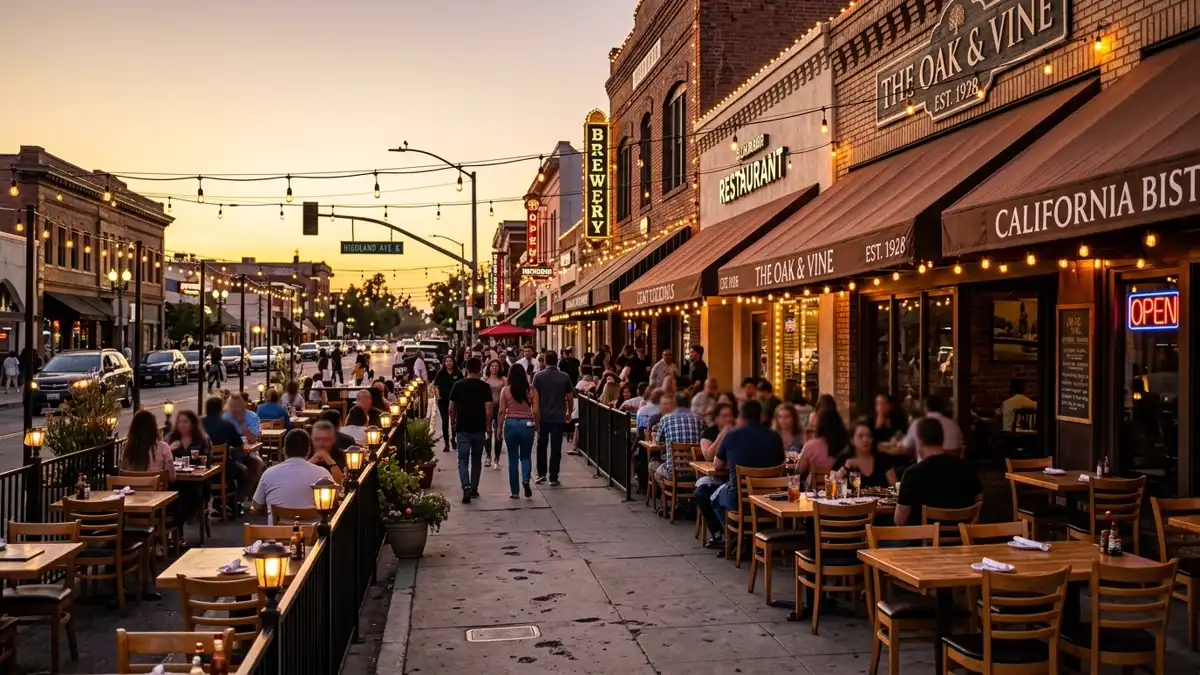 Restaurant district in San Bernardino County, California with nearby public restroom facilities