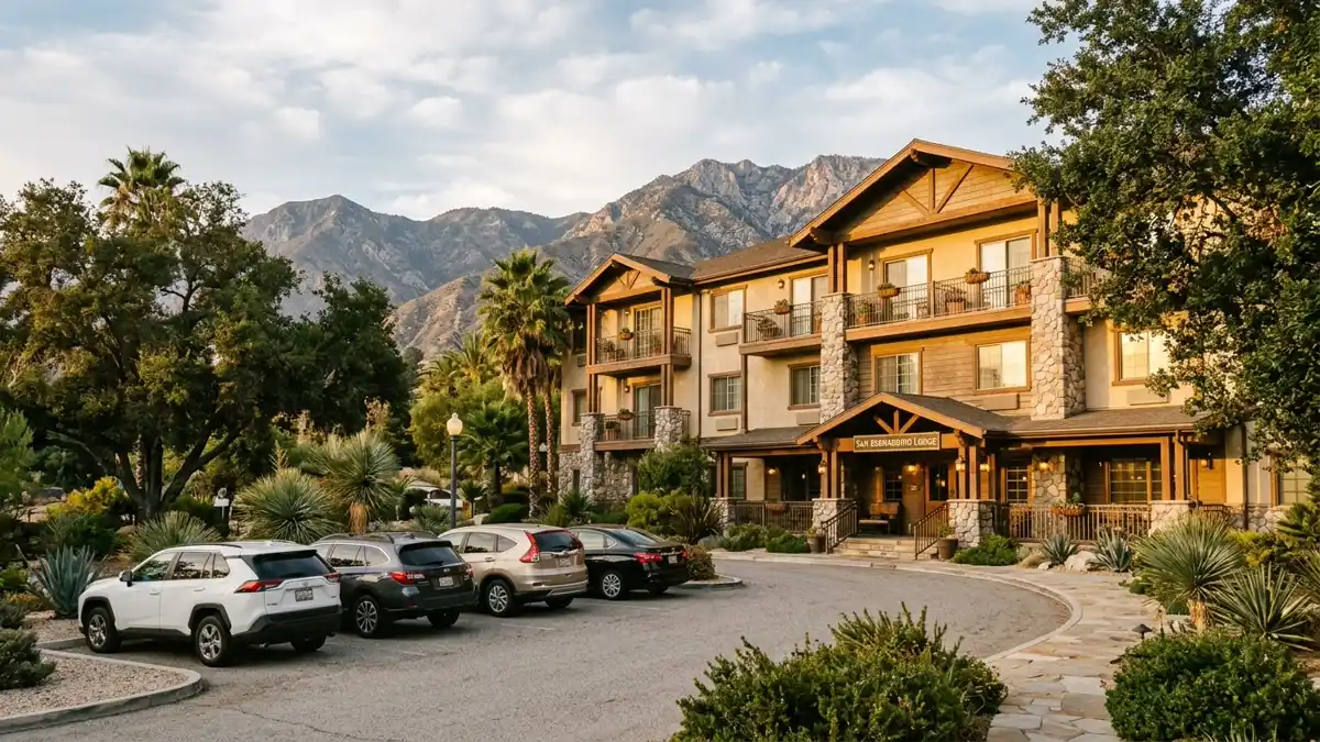 Hotels and accommodation options near mapped restrooms in San Bernardino, California