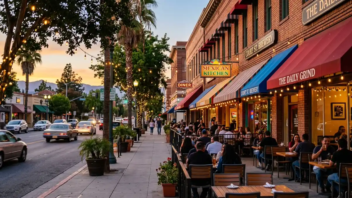 Restaurant district in San Bernardino, California with nearby public restroom facilities