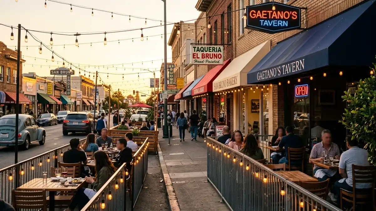 Restaurant district in San Bruno, California with nearby public restroom facilities