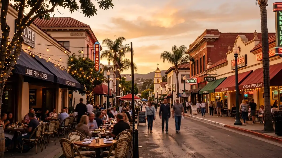 Restaurant district in San Buenaventura Ventura, California with nearby public restroom facilities