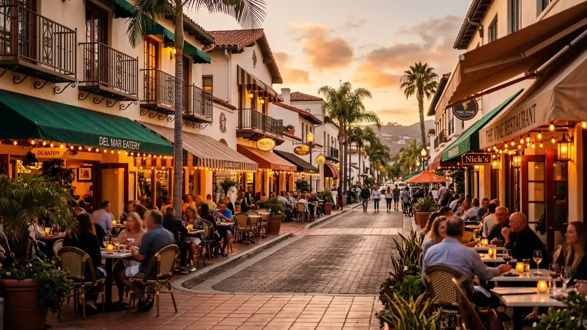 Restaurant district in San Clemente, California with nearby public restroom facilities