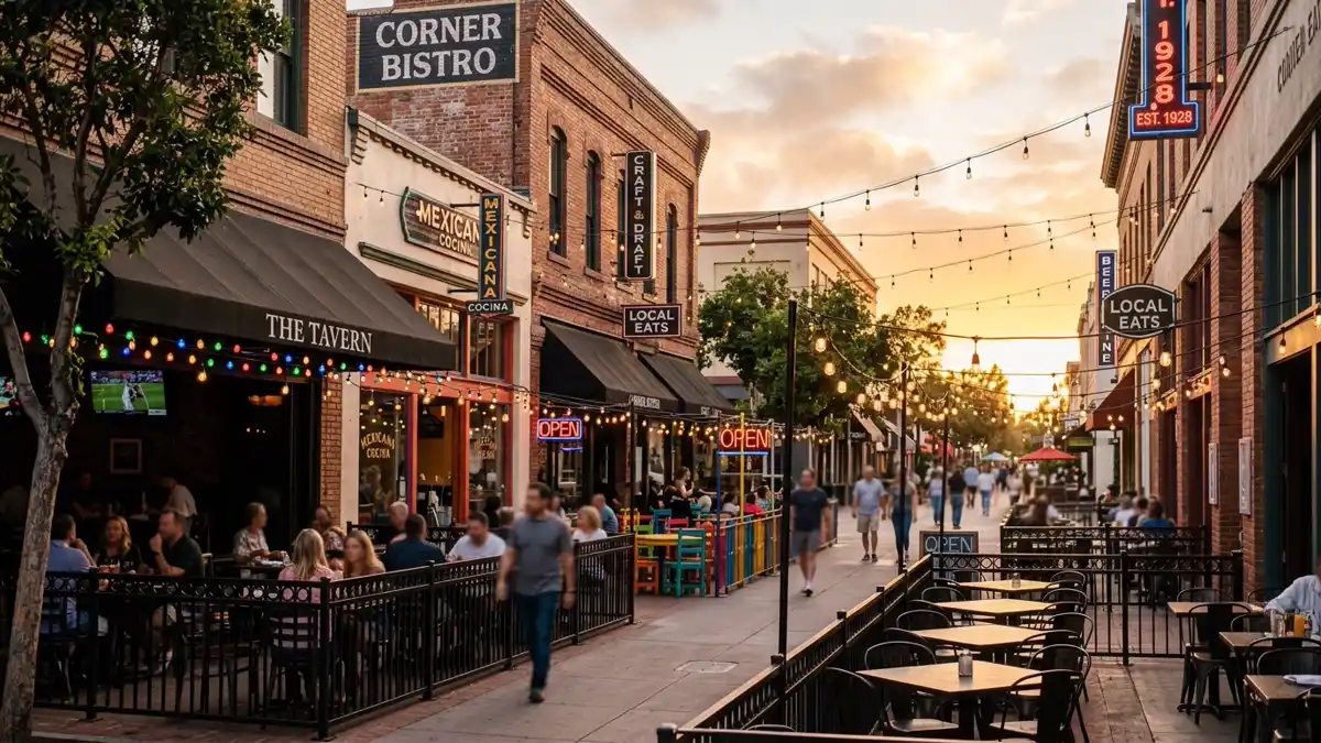 Restaurant district in San Diego County, California with nearby public restroom facilities