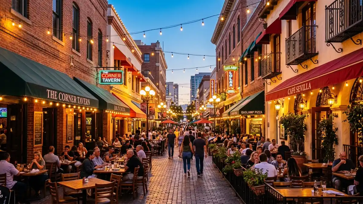 Restaurant district in San Diego, California with nearby public restroom facilities