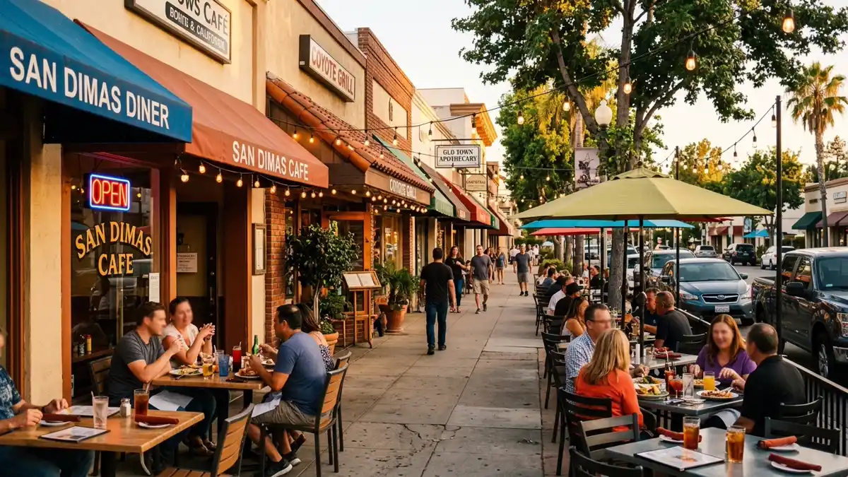 Restaurant district in San Dimas, California with nearby public restroom facilities