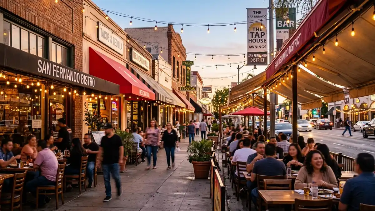 Restaurant district in San Fernando, California with nearby public restroom facilities