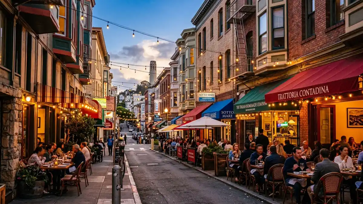 Restaurant district in San Francisco, California with nearby public restroom facilities
