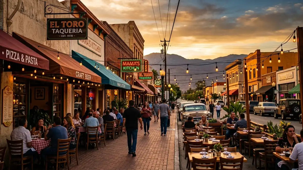 Restaurant district in San Jacinto, California with nearby public restroom facilities