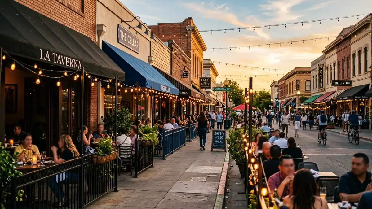 Restaurant district in San Joaquin County, California with nearby public restroom facilities