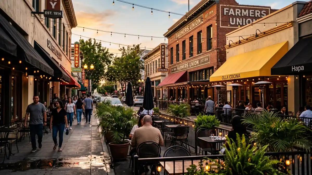 Restaurant district in San Jose, California with nearby public restroom facilities