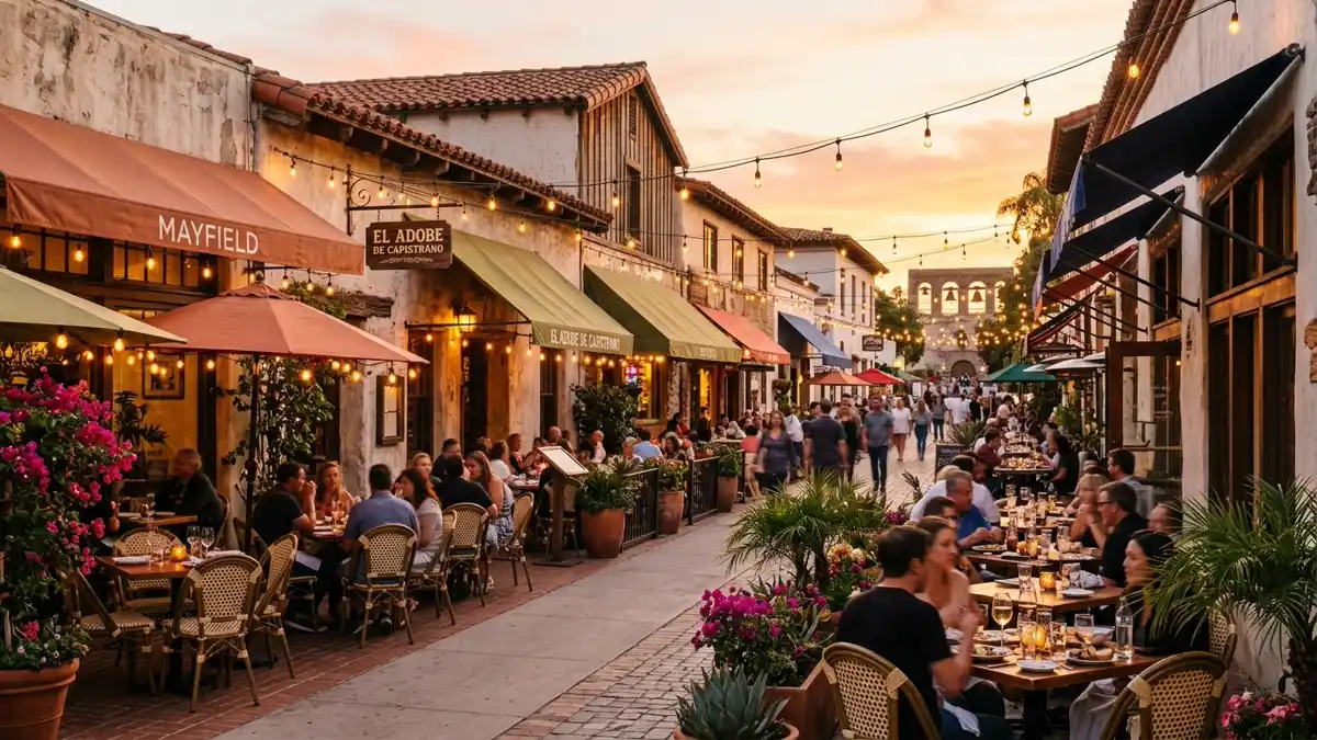Restaurant district in San Juan Capistrano, California with nearby public restroom facilities