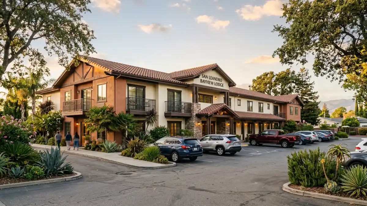 Hotels and accommodation options near mapped restrooms in San Leandro, California