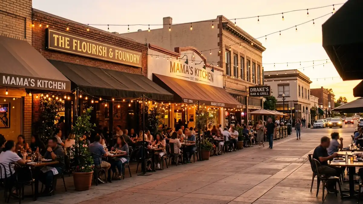 Restaurant district in San Leandro, California with nearby public restroom facilities