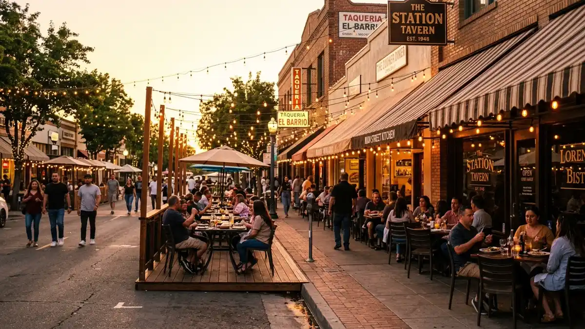Restaurant district in San Lorenzo, California with nearby public restroom facilities