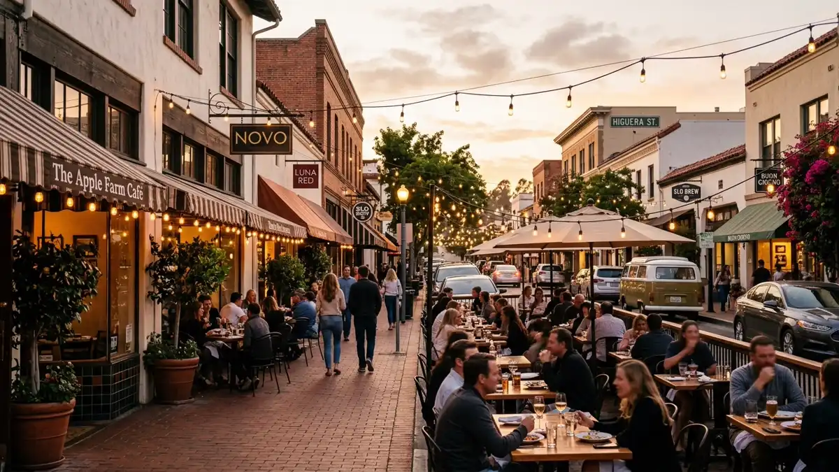 Restaurant district in San Luis Obispo County, California with nearby public restroom facilities