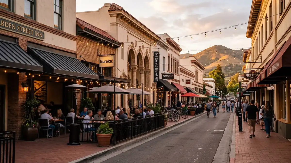 Restaurant district in San Luis Obispo, California with nearby public restroom facilities