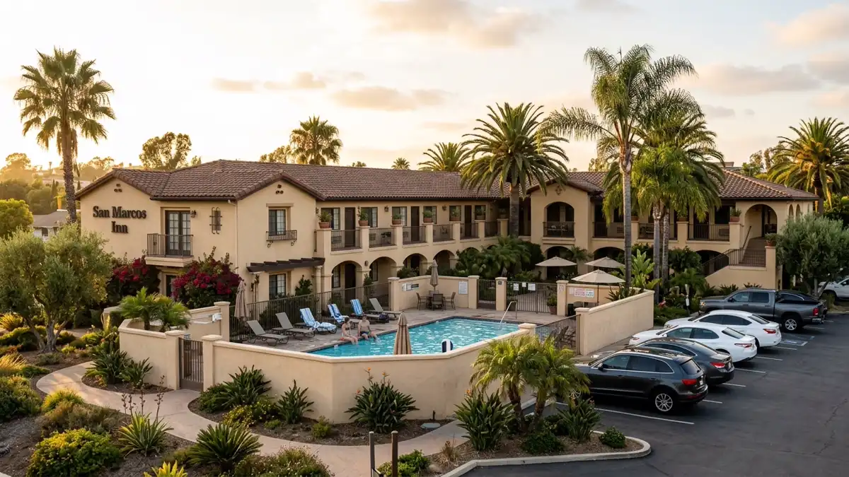 Hotels and accommodation options near mapped restrooms in San Marcos, California
