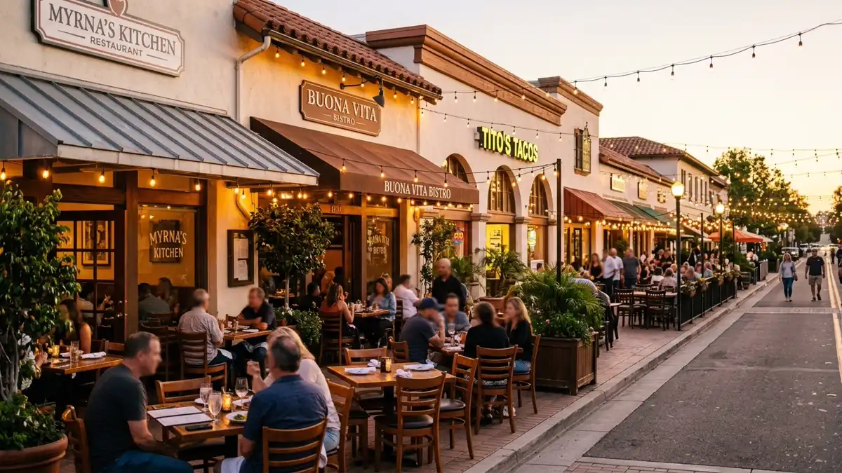 Restaurant district in San Marcos, California with nearby public restroom facilities