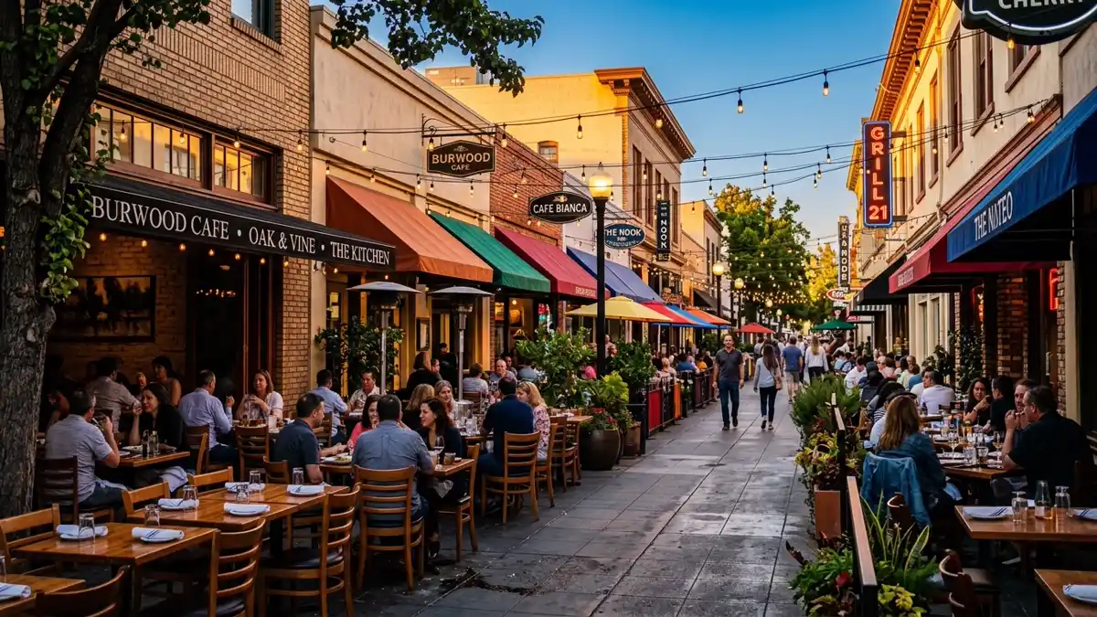 Restaurant district in San Mateo County, California with nearby public restroom facilities