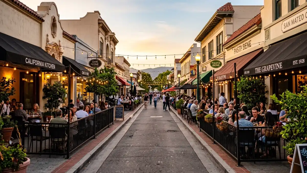 Restaurant district in San Mateo, California with nearby public restroom facilities