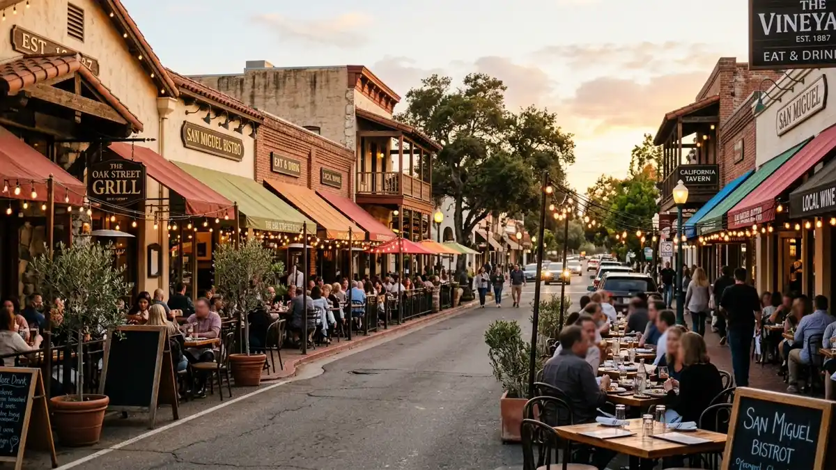 Restaurant district in San Miguel, California with nearby public restroom facilities