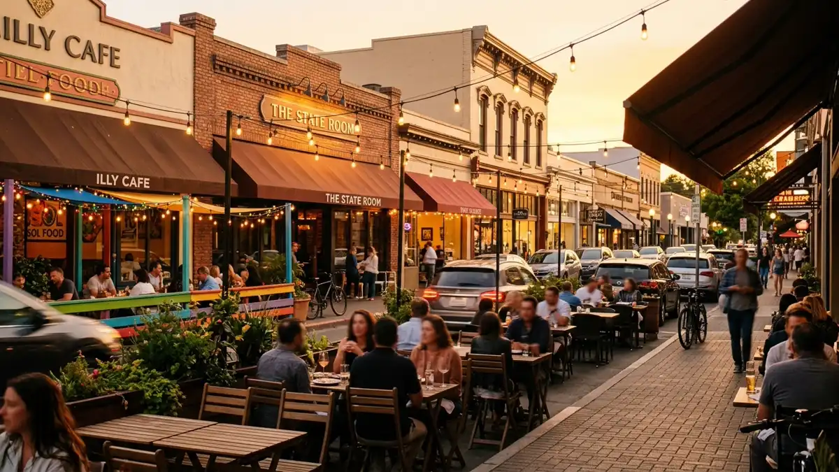 Restaurant district in San Rafael, California with nearby public restroom facilities