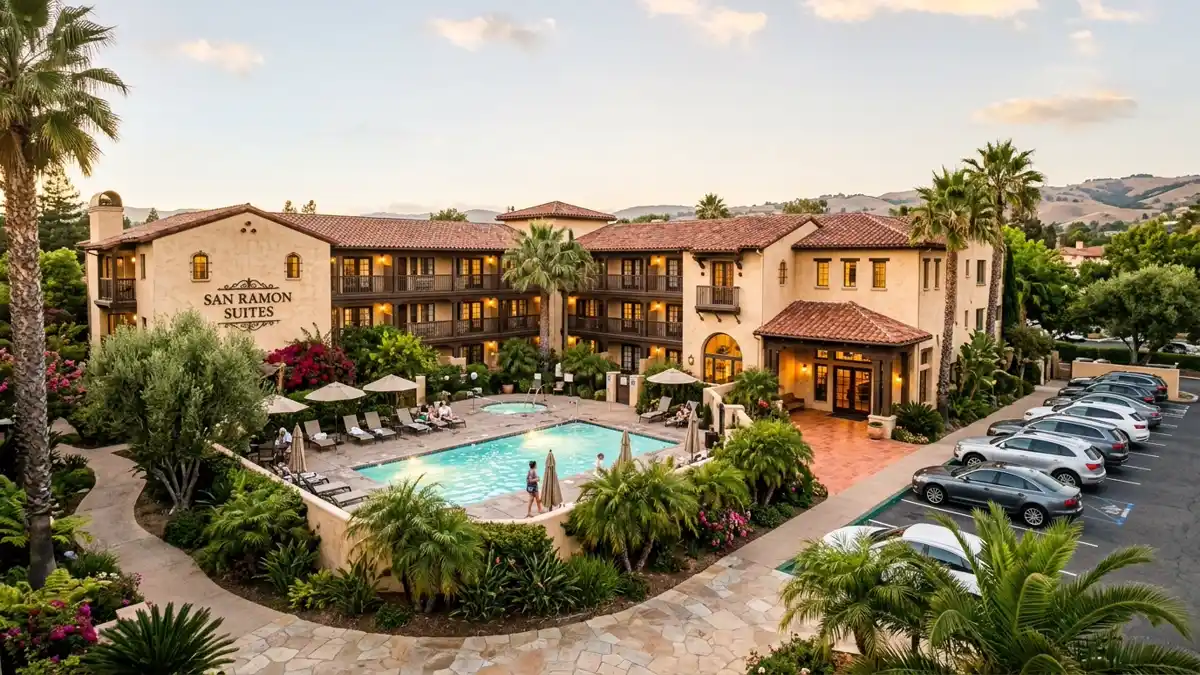 Hotels and accommodation options near mapped restrooms in San Ramon, California
