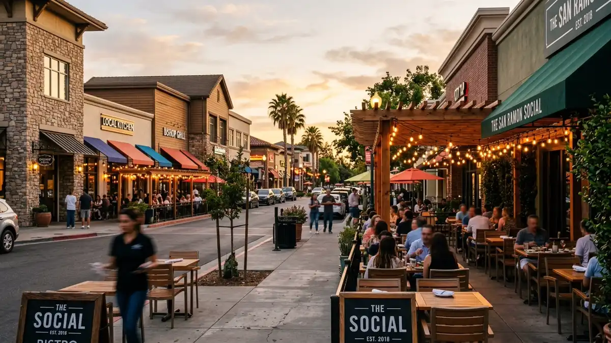 Restaurant district in San Ramon, California with nearby public restroom facilities
