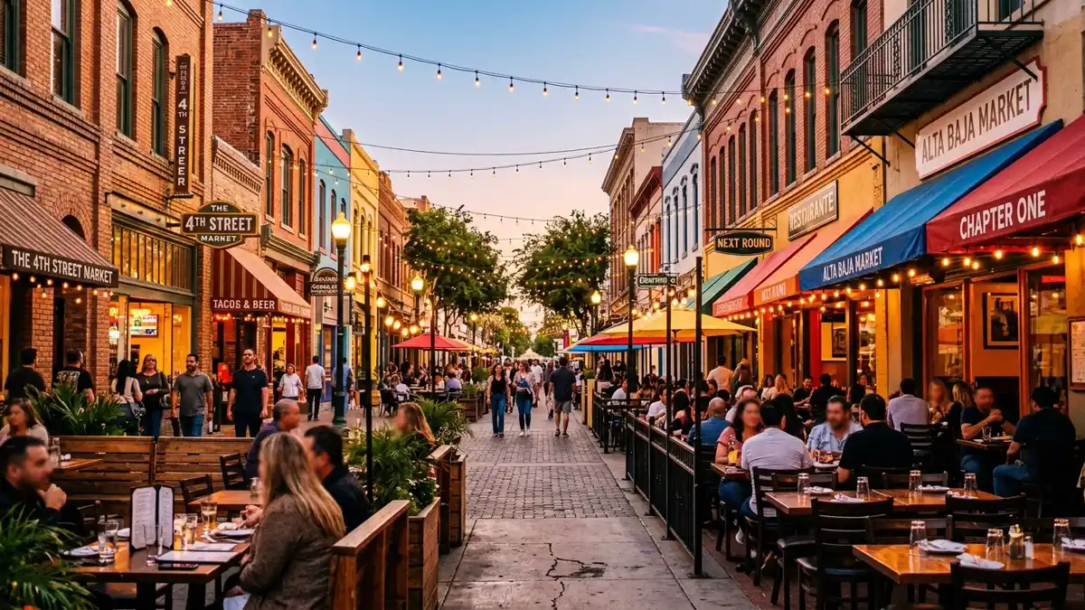 Restaurant district in Santa Ana, California with nearby public restroom facilities