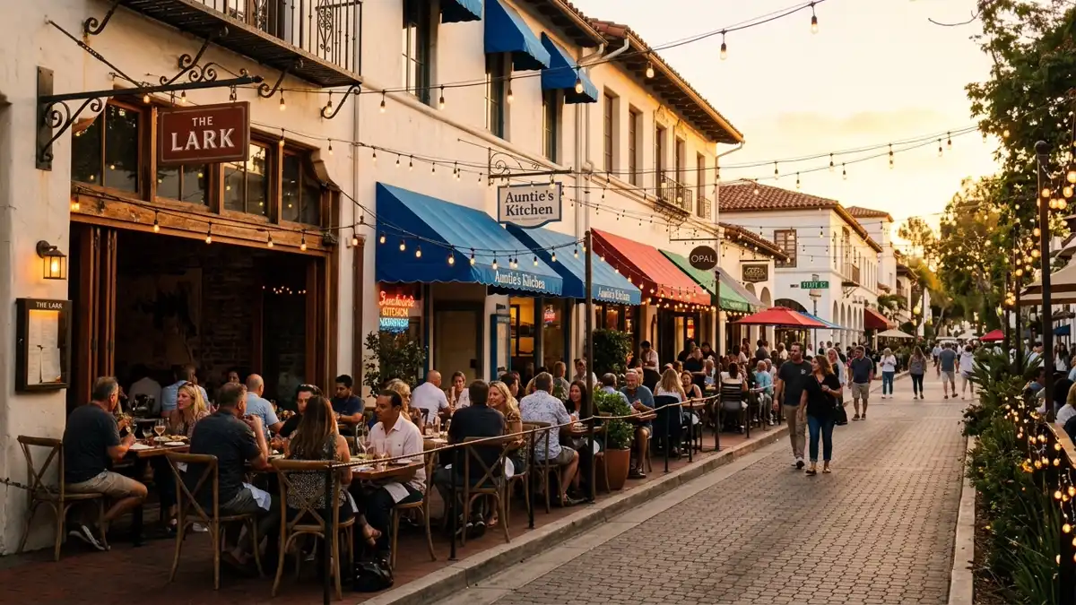Restaurant district in Santa Barbara County, California with nearby public restroom facilities