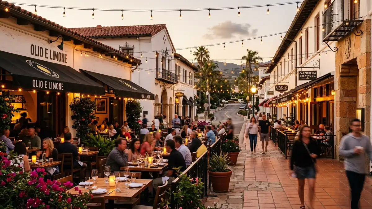Restaurant district in Santa Barbara, California with nearby public restroom facilities