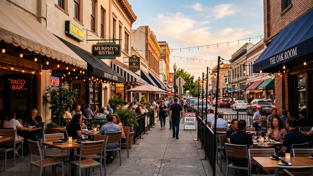 Restaurant district in Santa Clara County, California with nearby public restroom facilities