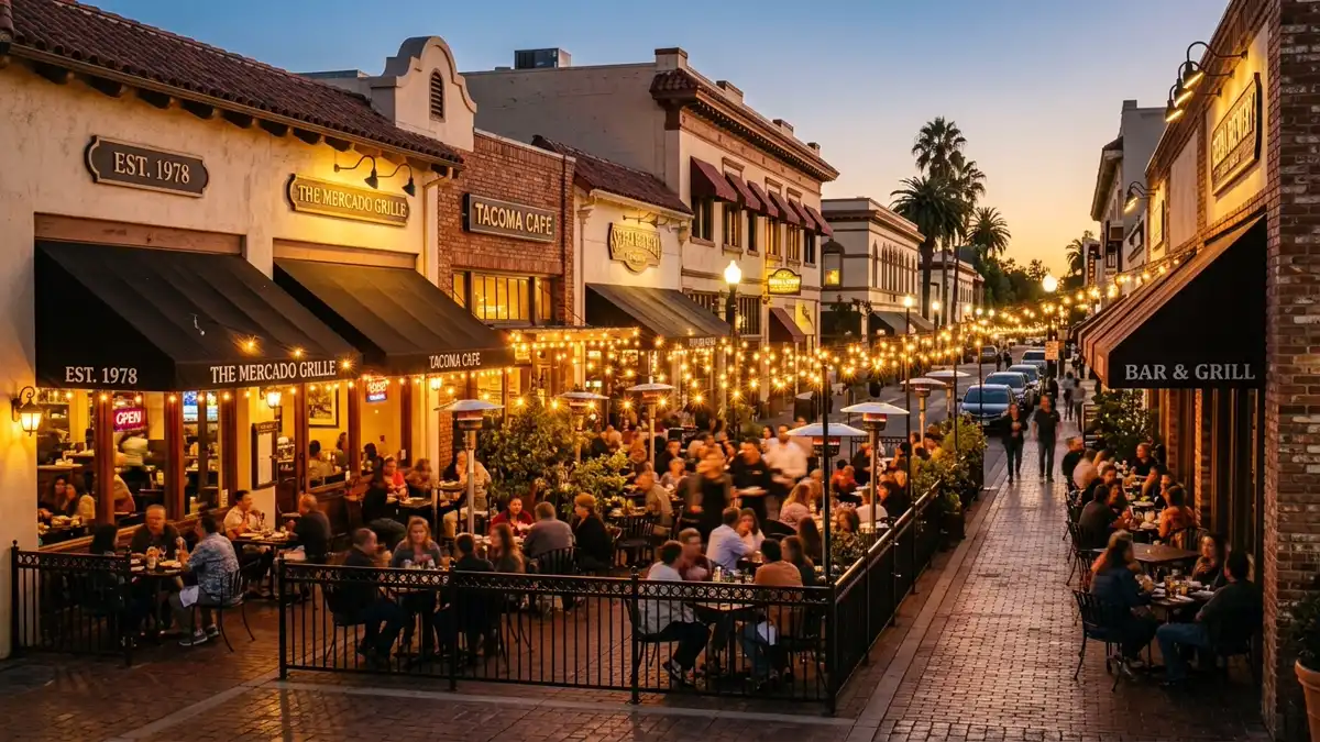Restaurant district in Santa Clara, California with nearby public restroom facilities