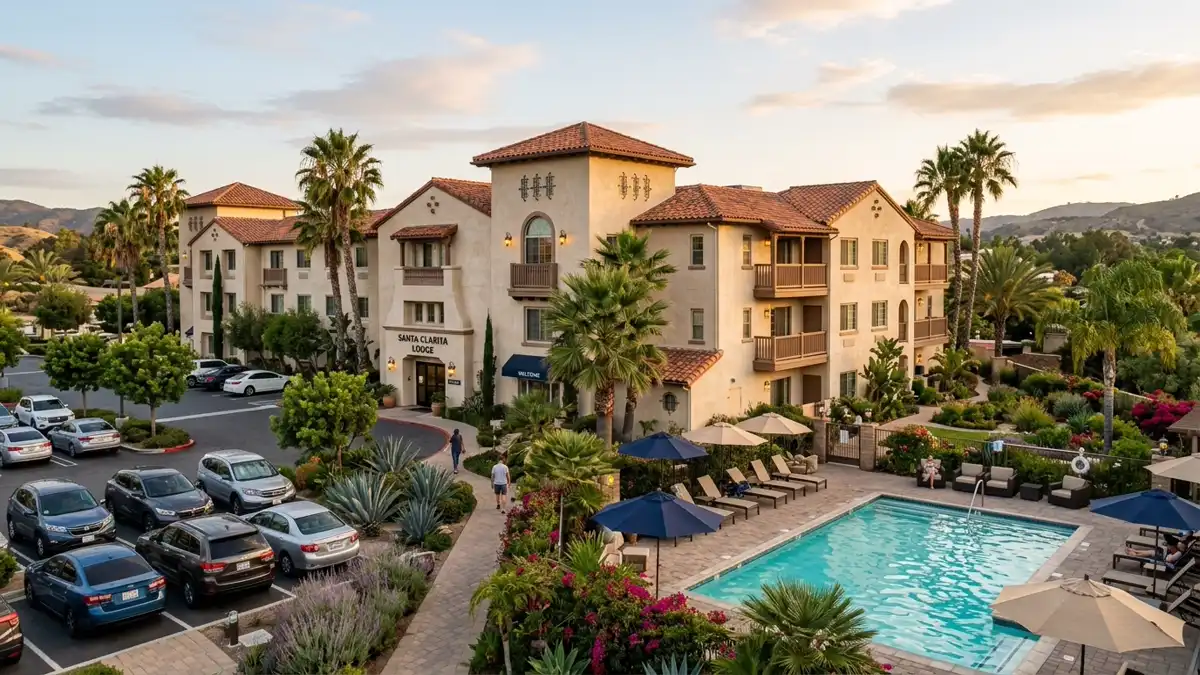 Hotels and accommodation options near mapped restrooms in Santa Clarita, California