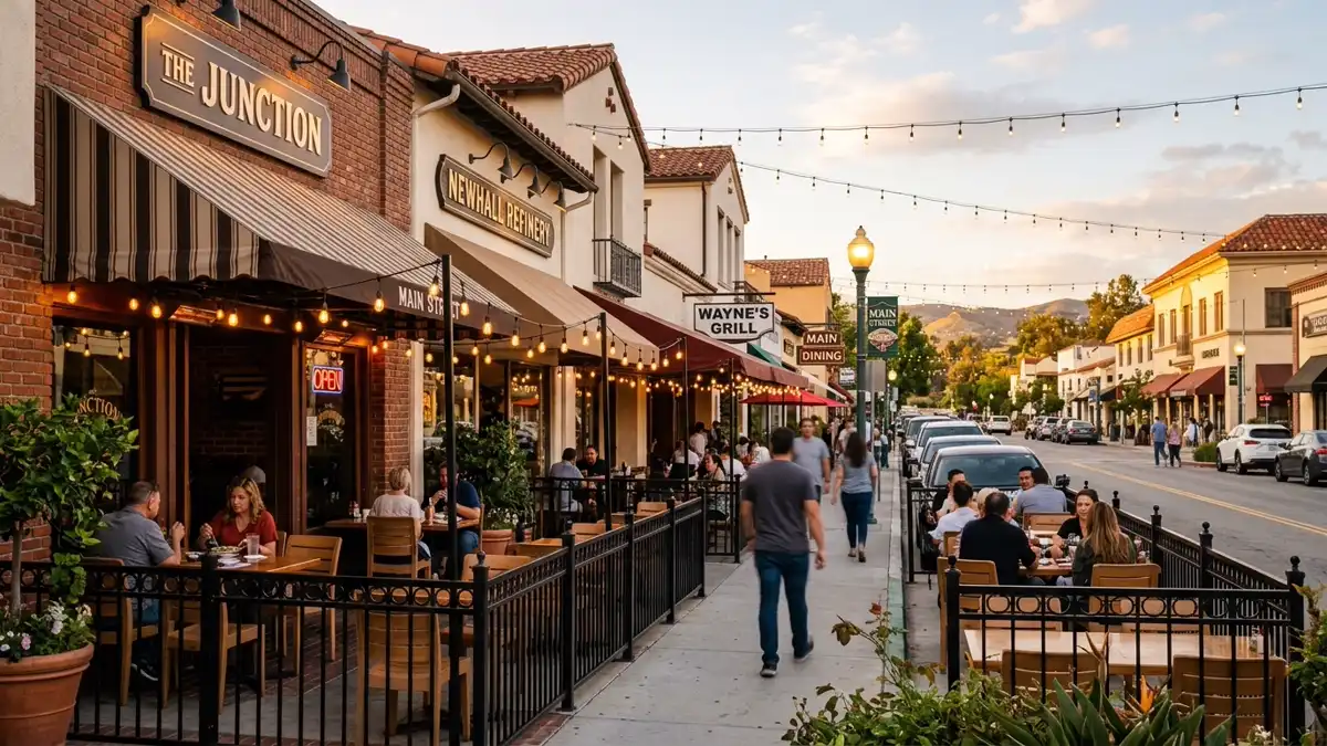 Restaurant district in Santa Clarita, California with nearby public restroom facilities