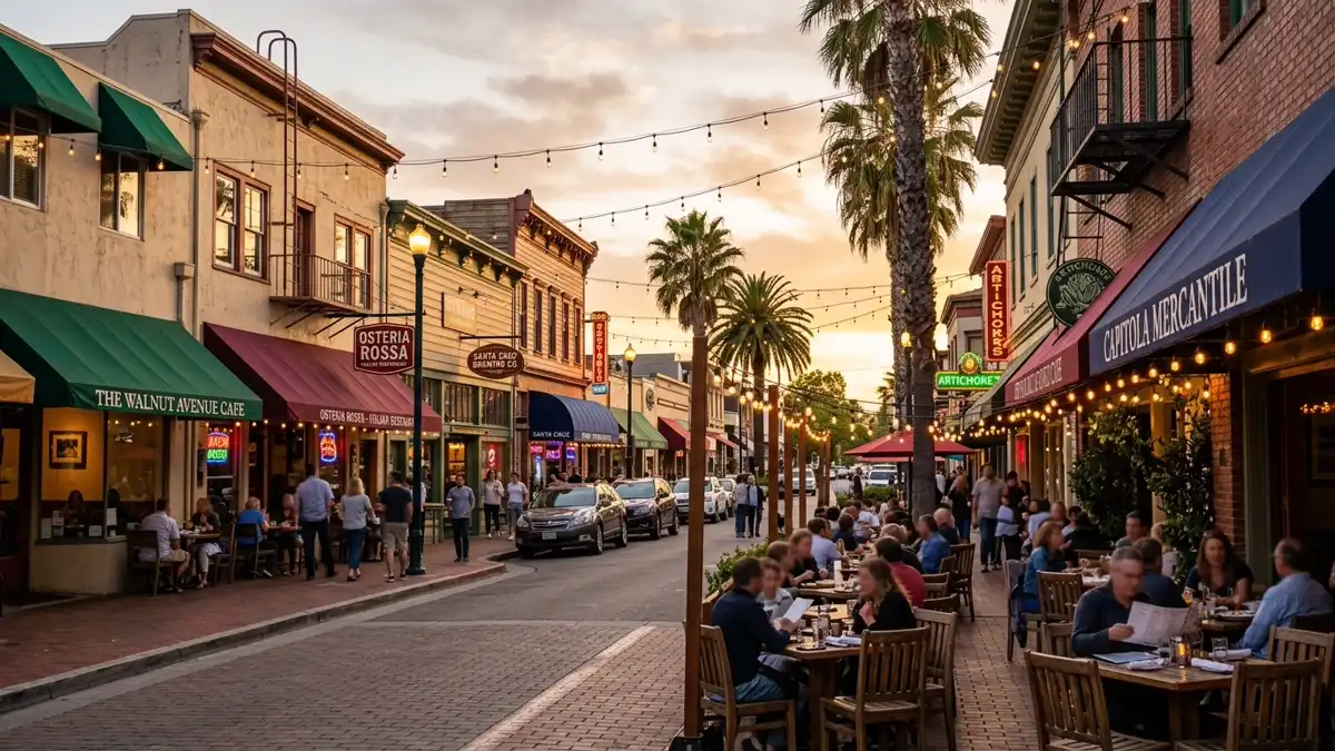 Restaurant district in Santa Cruz County, California with nearby public restroom facilities
